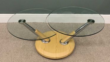 MODERN METAMORPHIC COFFEE TABLE, sweep movement circular glass top, chrome and lightwood supports,