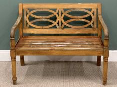 HARTMAN LABEL TEAK GARDEN BENCH, entwined ring back detail, swept arms, slatted seat, turned and