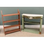 VINTAGE MARBLE TOP PIER CONSOLE & A PAINTED OPEN BOOKSHELF, shaped white marble, cherubic and