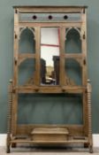OAK MIRRORED HALL STAND, stained leaded glass upper panel, twin curved brolley/stick apertures,
