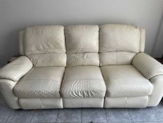 WHITE LEATHER TWO PIECE LOUNGE SUITE, comprising three seater settee, reclining ends, 102cms (h),