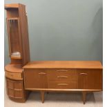 MID-CENTURY TEAK LOUNGE FURNITURE two items comprising sideboard, three central opening drawers,