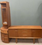 MID-CENTURY TEAK LOUNGE FURNITURE two items comprising sideboard, three central opening drawers,
