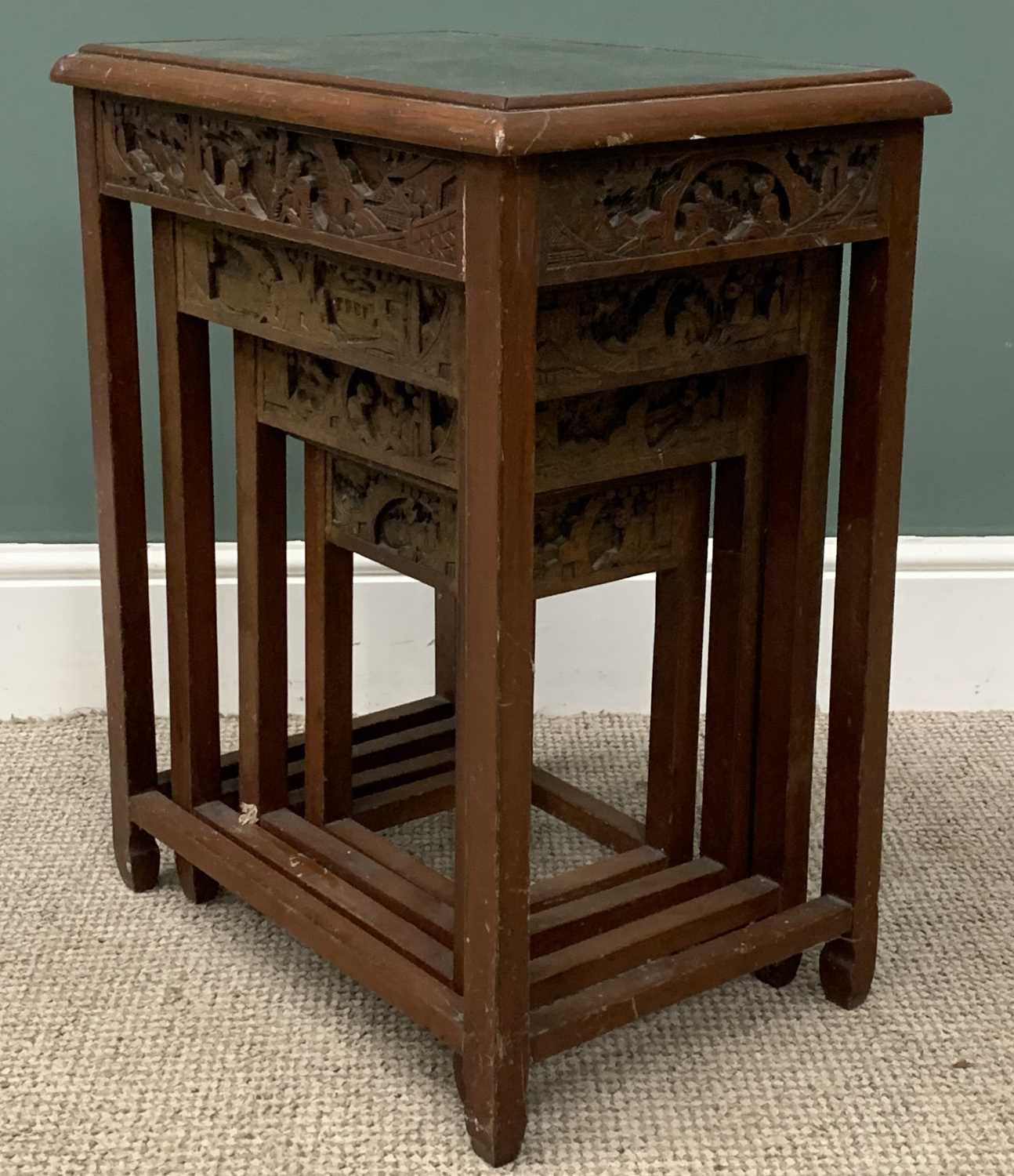 ORIENTAL CARVED TABLE QUARTETTO, deep carved top and frieze detail, square supports, cross - Image 9 of 9