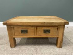 MODERN OAK COFFEE TABLE, 4.5cms thick top, cleated ends, single lower drawer, stylised metal ring