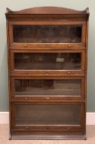 LEBUS FOUR SECTION OAK STACKING BOOKCASE, three quarter rail dentil cornice cap, base section,