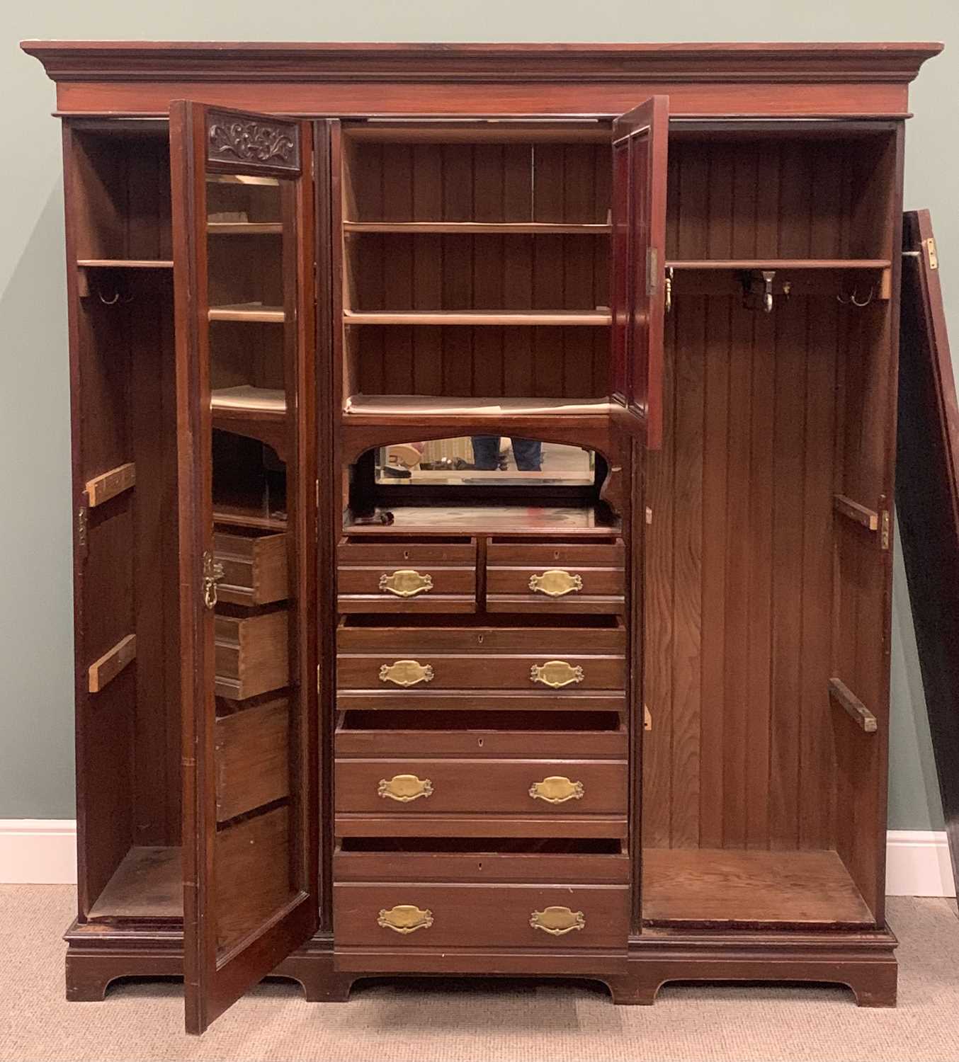 LATE VICTORIAN MAHOGANY BEDROOM FURNITURE two items comprising combination wardrobe, mythical - Image 3 of 10