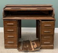 VINTAGE OAK ROLL-TOP DESK, slatted tambour fall, interior drawers and pigeonholes, twin four and