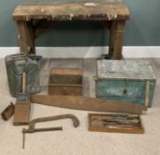 WORKSHOP CONTENTS including vintage workbench, tool-chests with contents and 'Jerry-can', green