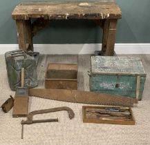 WORKSHOP CONTENTS including vintage workbench, tool-chests with contents and 'Jerry-can', green