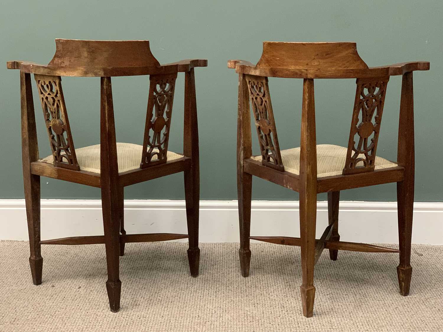 PAIR EDWARDIAN INLAID MAHOGANY CORNER CHAIRS, curved backs, shaped swept arms, twin fretwork splats, - Image 3 of 3