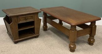 TWO REPRODUCTION OAK COFFEE TABLES, rectangular top example, turned and block supports, cross
