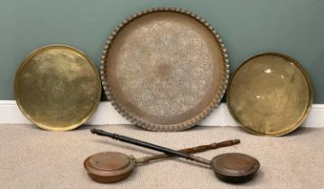 THREE CIRCULAR BRASS FOLDING TABLETOP TRAYS, Indo/Persia decorations, large fluted edge example,