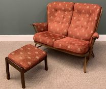 ERCOL STICKBACK TWO SEATER SETTEE & MATCHING UPHOLSTERY FOOT STOOL, button upholstered back, and