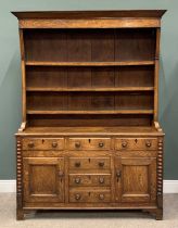 NORTH WALES ANGLESEY OAK & PINE DRESSER circa 1830, wide back boarded three shelf rack, three