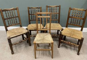 SET OF FOUR OAK RUSH SEATED FARMHOUSE CHAIRS & ANOTHER 19th Century, double row spindle backs,