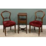 GEORGIAN MAHOGANY NIGHTSTAND & TWO VICTORIAN WALNUT SALON SIDE CHAIRS, shaped apron top, central