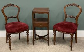 GEORGIAN MAHOGANY NIGHTSTAND & TWO VICTORIAN WALNUT SALON SIDE CHAIRS, shaped apron top, central
