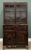 WELSH OAK & PINE HOUSEKEEPER'S CUPBOARD, circa 1840, diamond/chevron inlay frieze detail, twin upper