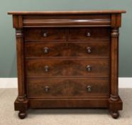 VICTORIAN MAHOGANY CHEST OF DRAWERS, shaped upper frieze drawer, two short three long set back