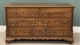 GEORGE III OAK LANCASHIRE MULE CHEST, crossbanded three plank lidded top, quarter cut reeded