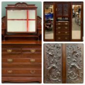 LATE VICTORIAN MAHOGANY BEDROOM FURNITURE two items comprising combination wardrobe, mythical