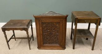 THREE VINTAGE OCCASIONAL FURNITURE ITEMS, comprising oak wall hanging corner cupboard, floral carved