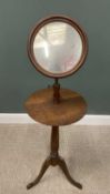 OAK SHAVING STAND circa 1900, 29cms framed mirror, adjustable brass rod, circular top, turned