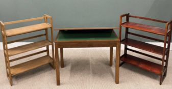 MID-CENTURY TEAK FOLDOVER TABLE & TWO COLLAPSIBLE DISPLAY/BOOKSHELVES, the table with crossbanded