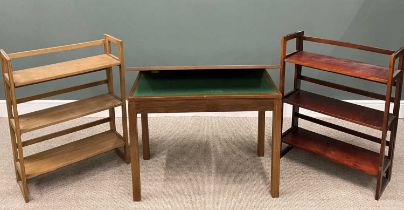 MID-CENTURY TEAK FOLDOVER TABLE & TWO COLLAPSIBLE DISPLAY/BOOKSHELVES, the table with crossbanded