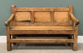 PINE HALL BENCH circa 1830, three panel back, swept-end over arms, solid seat, substantial block