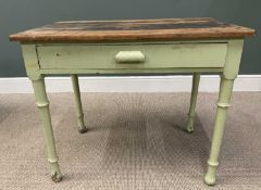 VICTORIAN OAK KITCHEN SIDE-TABLE, stripped top, green painted base, single frieze drawer, turned