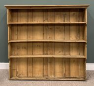 SUBSTANTIAL STRIPPED PINE WALL RACK, shaped sides, four shelves, boarded closed back, 153cms (h),