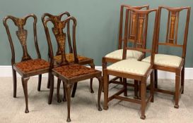 SIX INLAID MAHOGANY PARLOUR SIDE CHAIRS (3 + 3), shaped top splat back trio, mask and floral swag