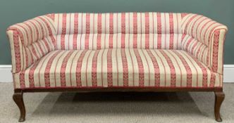 VINTAGE SALON SETTEE, curved back, classical stripe upholstery, Queen Anne front supports, 67cms (