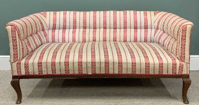 VINTAGE SALON SETTEE, curved back, classical stripe upholstery, Queen Anne front supports, 67cms (