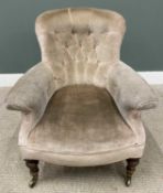 VICTORIAN BUTTON BACK UPHOLSTERED ARMCHAIR, slightly curved back, foldover arms, turned front