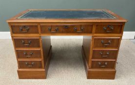 REPRODUCTION YEW WOOD TWIN PEDESTAL DESK, inset green gilt tooled leather writing surface, three