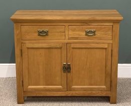 MODERN LIGHT OAK SMALL SIDEBOARD with two drawers, two cupboard doors, stylish metal pull handles,