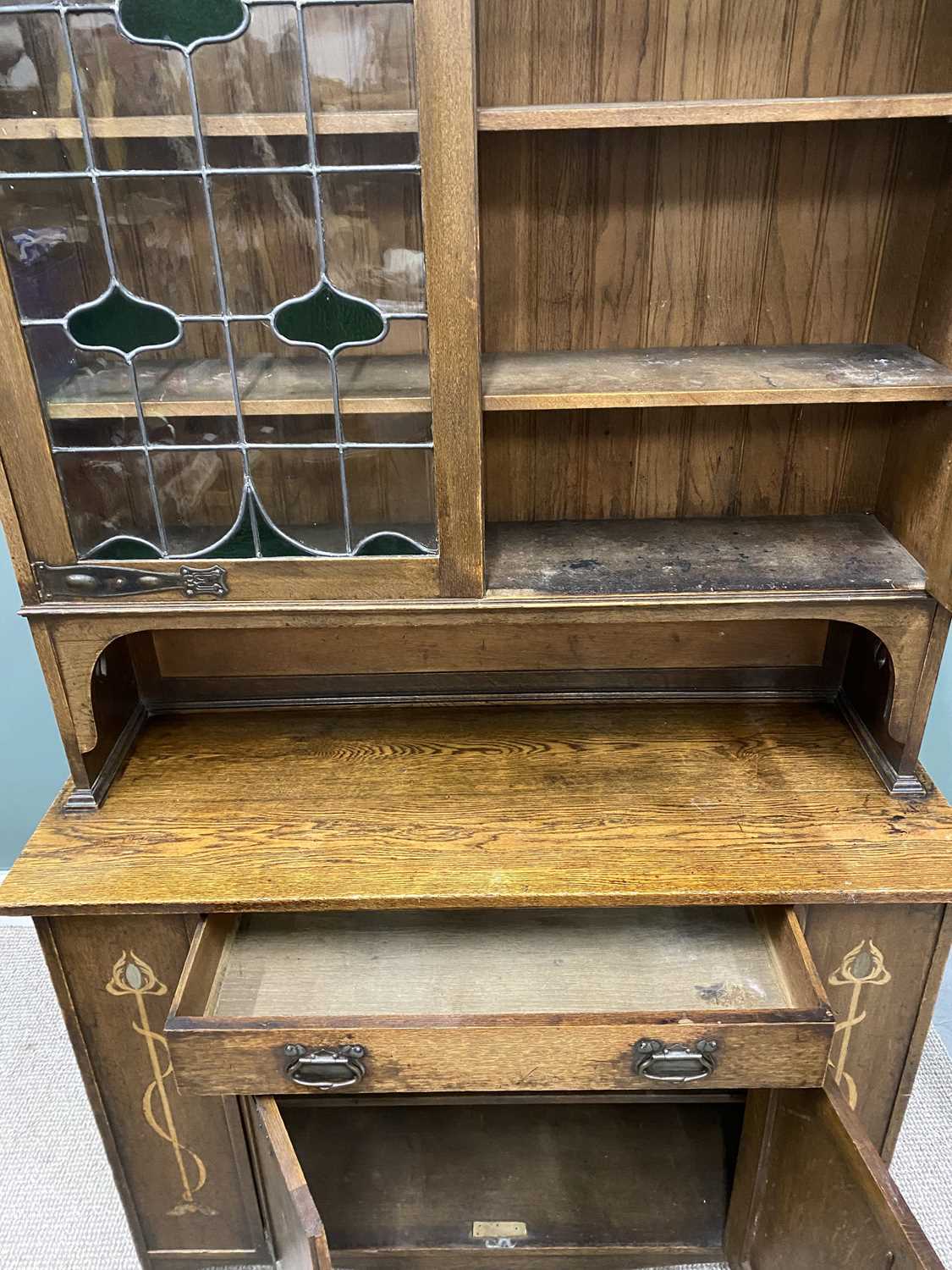 ARTS & CRAFTS OAK BOOKCASE SIDEBOARD, twin leaded stained glass upper doors, interior adjustable - Image 2 of 5