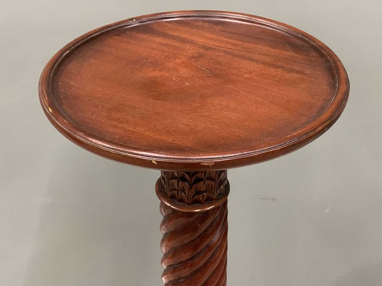 TWO MAHOGANY TORCHERE STANDS, Victorian Gothic style tray top example, turned and fluted column, - Image 2 of 5