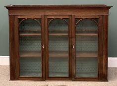 ANTIQUE OAK BOOKCASE CUPBOARD TOP arched bead glazed central panel and two doors, ivory escutcheons,