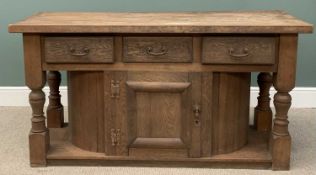 SUBSTANTIAL VINTAGE OAK SERVING SIDEBOARD, 4.5cms thick top, three frieze drawers, central panel