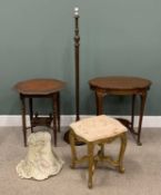 FOUR ITEMS OF FURNITURE comprising vintage standard lamp with shade, mahogany two-tier table, shaped