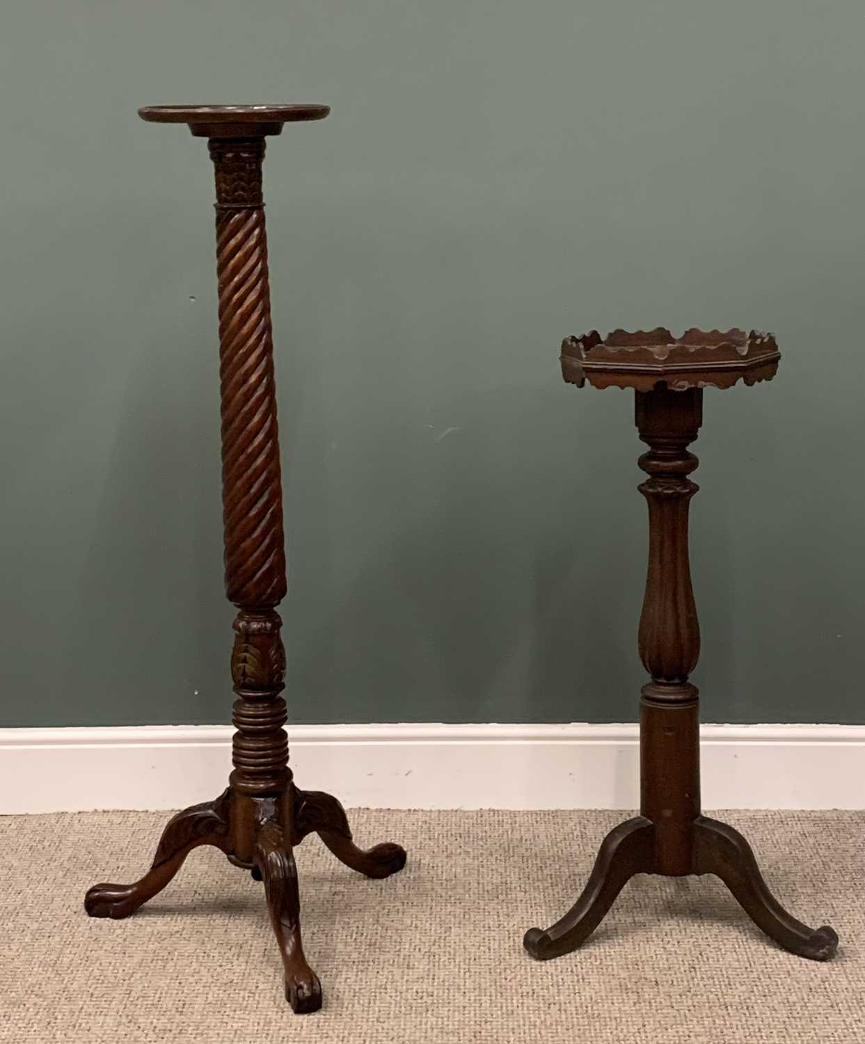 TWO MAHOGANY TORCHERE STANDS, Victorian Gothic style tray top example, turned and fluted column,