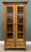 REPRODUCTION PINE CUPBOARD, glazed twin upper doors, interior shelves, two lower drawers, turned