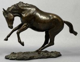 CAST BRONZE FIGURE OF A REARING HORSE, on naturalistic base, marked Wheatley, mid 20th century,