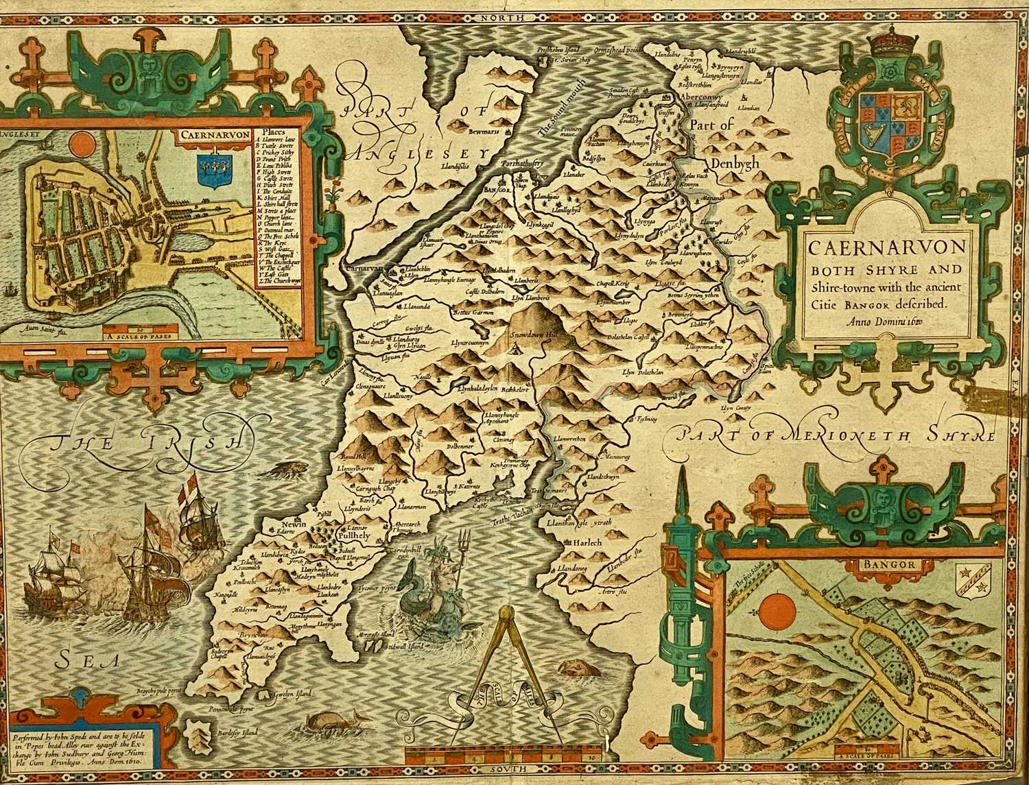 JOHN SPEED coloured engraved map of Caernarvon, both Shyre and Shire-towne with the ancient citie