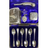 GROUP OF SMALL SILVER ITEMS, to include cased set of six rat-tail teaspoons, Victorian and later,