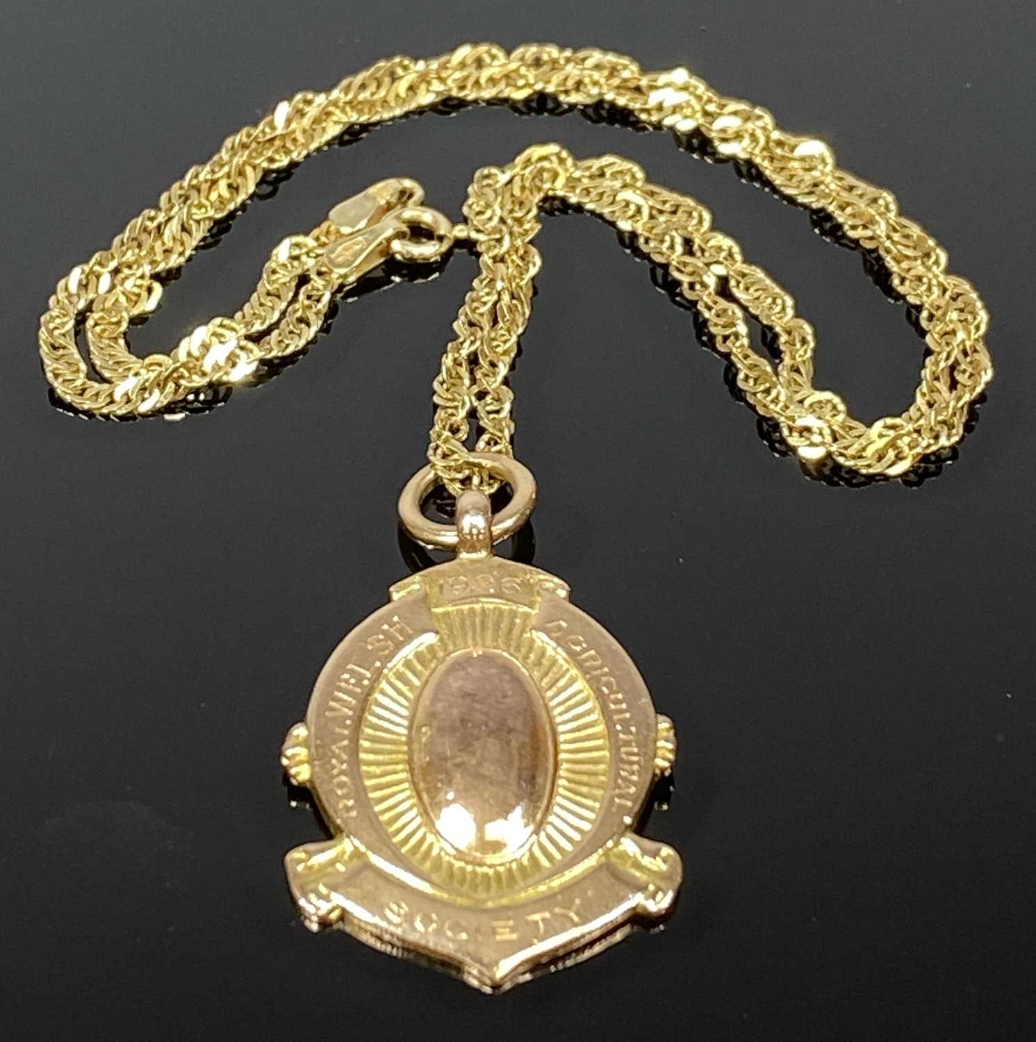 VICTORIAN 9CT GOLD WINNERS MEDALLION on a later triple trace link 9ct necklace, the medallion marked - Image 3 of 3